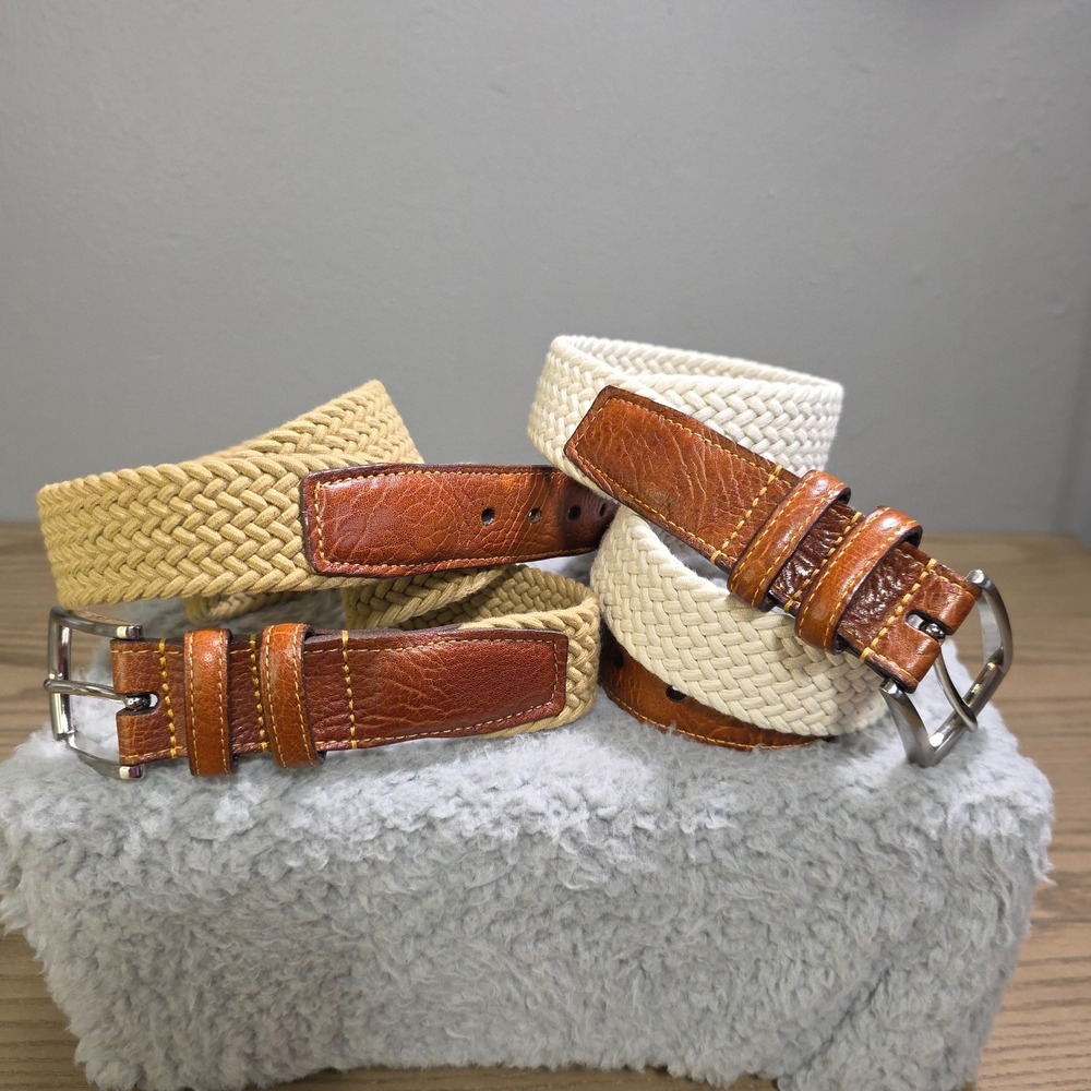 Lot of 2 Torino Men's Size 40 Cream & Beige Leather Breaded Belts Dressy Classic
